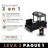 Escorredor 3 em 1 de Aço Inoxidável Multifuncional com Alças Dobráveis e Base Antiderrapante + BRINDE: Kit de Utensílios de Cozinha.