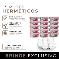 Kit com 15 Frascos Herméticos de Vidro + 10 Copos de Vidro Aruba [ÚLTIMAS UNIDADES EM ESTOQUE!]